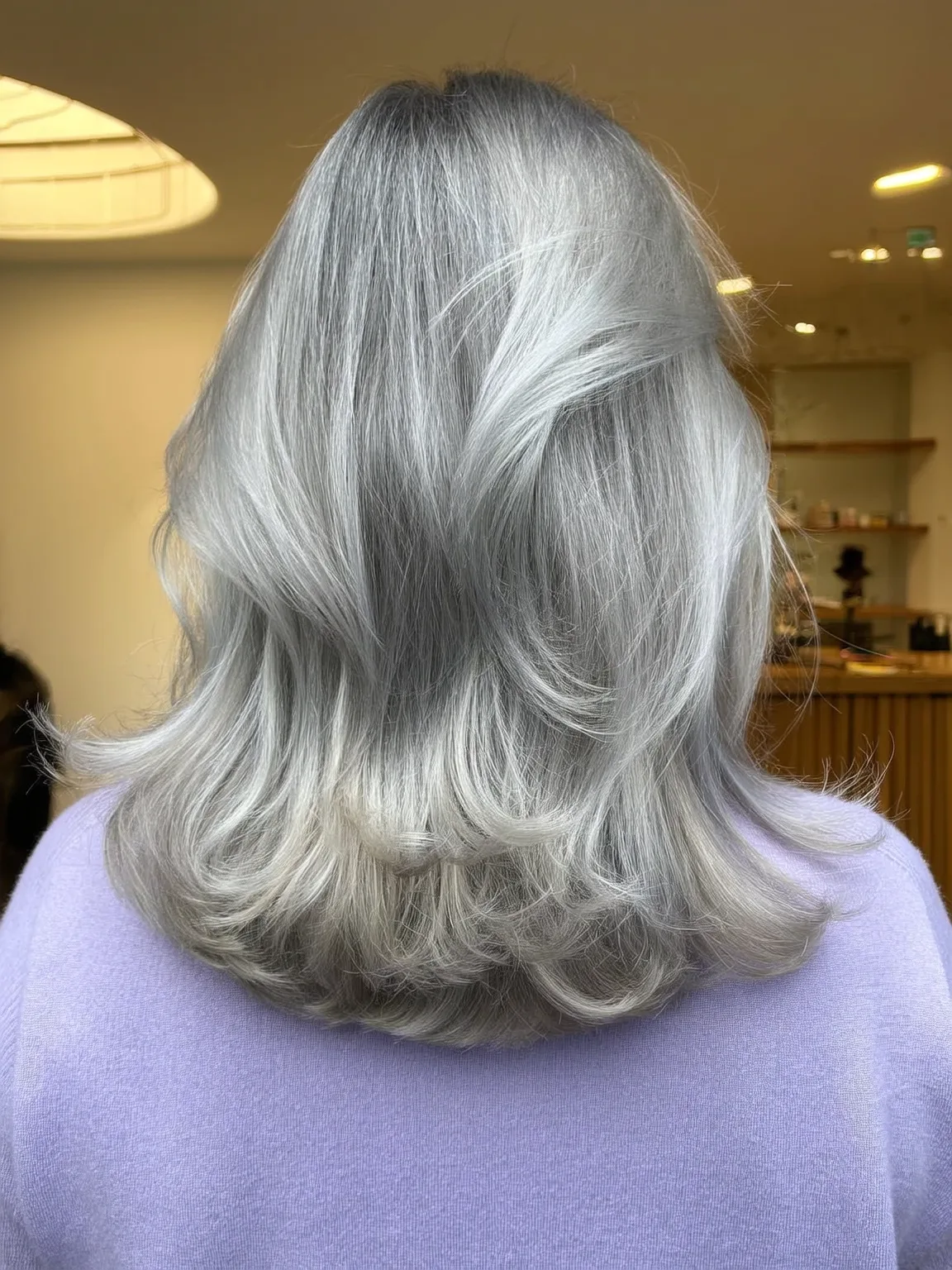 Layered Shoulder-Length Cut with Silver Frost Sheen